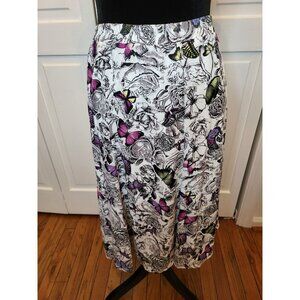 White/Black Floral Print Purple Butterfly Sheer Midi Skirt 1x Whimsygoth Fairy